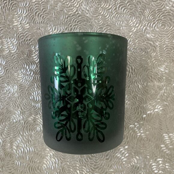 Glass Candle Holder Votive Tealight Christmas Holiday Snowflake Green Silver Joy - Picture 5 of 13